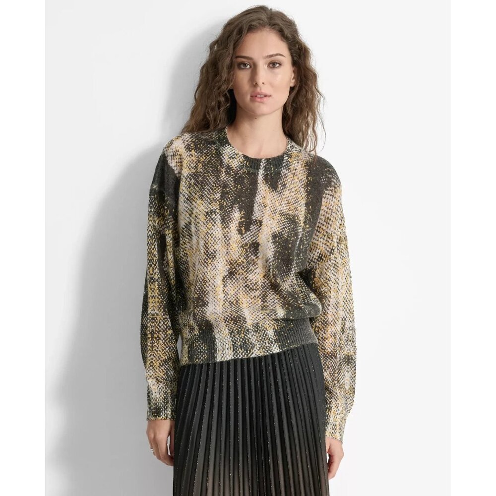 DKNY Women's Printed Round-Neck Long-Sleeve Sweater Black Size S MSRP $179